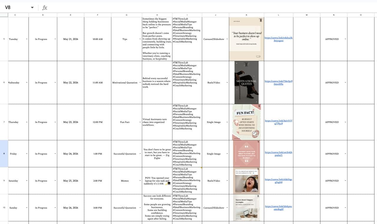 Social media content calendar spreadsheet for TT SyncLab