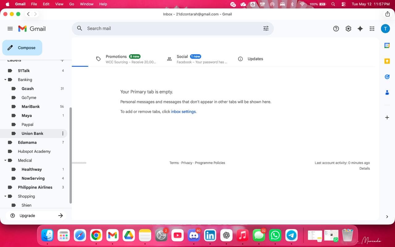 Gmail inbox after — empty primary inbox with clean label system