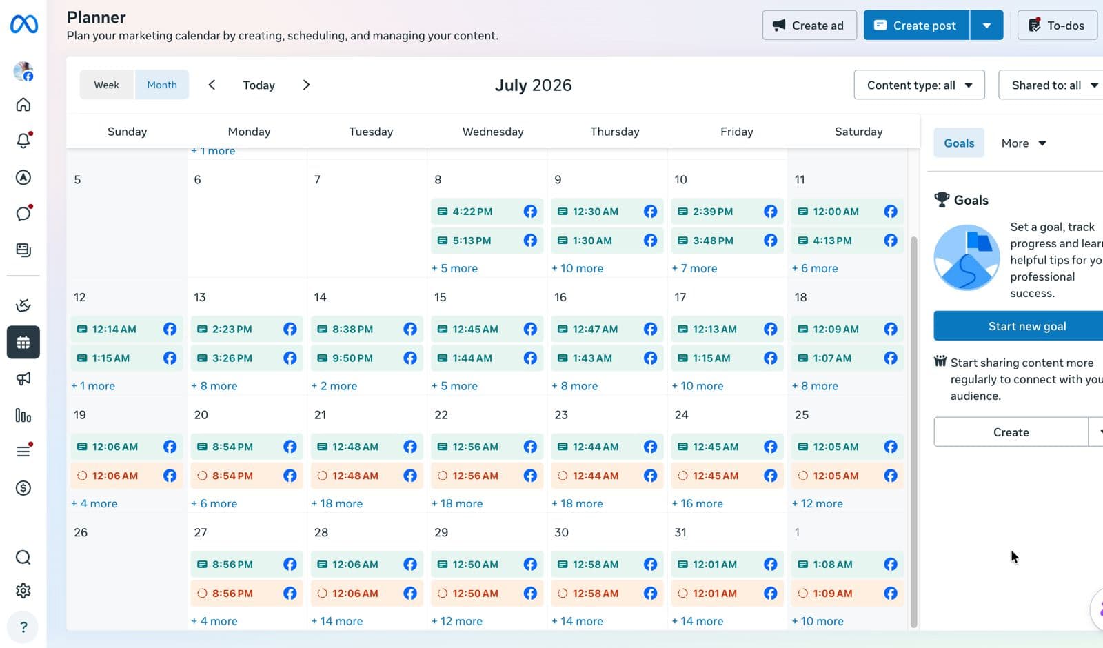 Meta Business Suite Planner showing a full month of scheduled Facebook posts