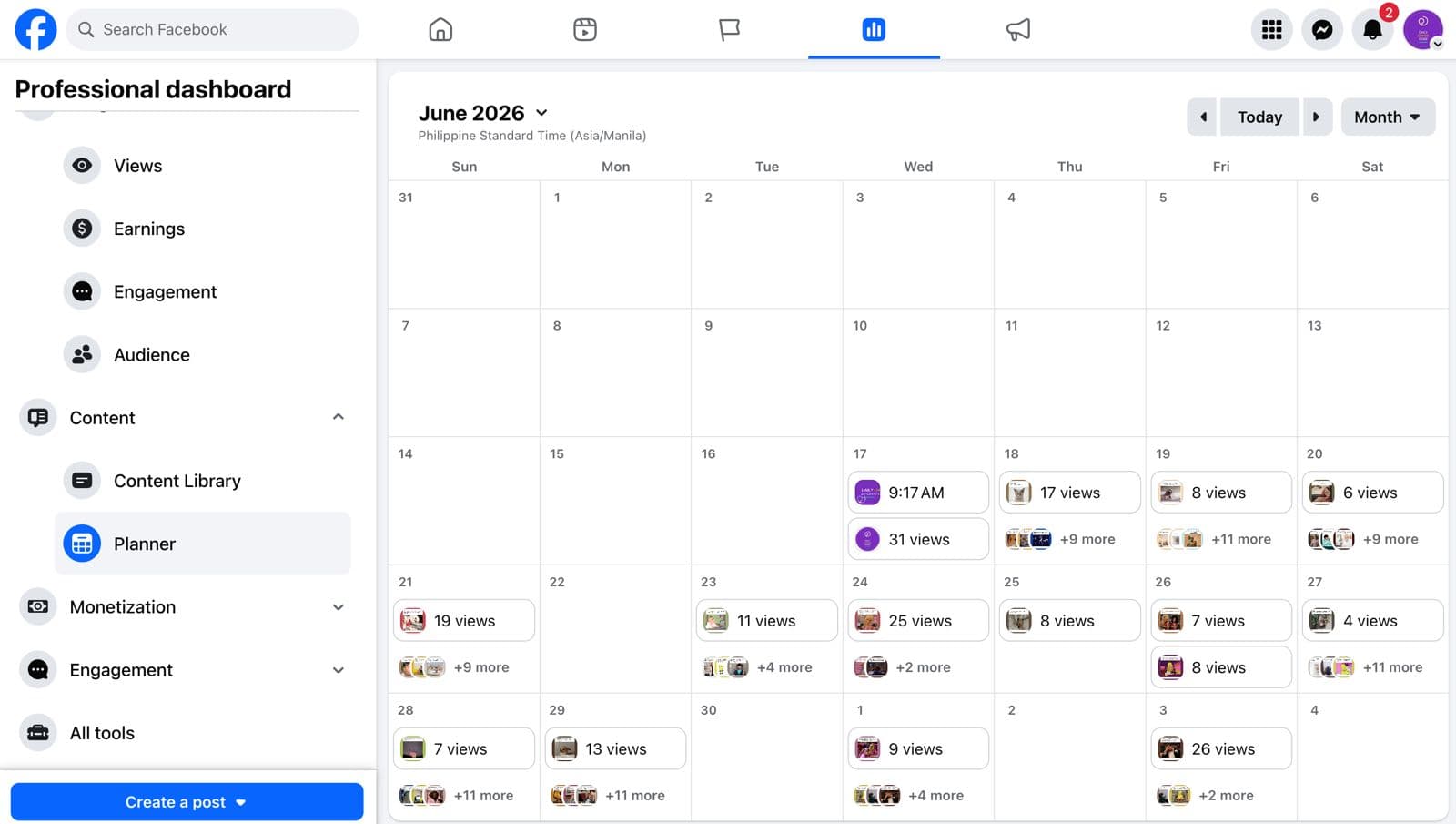 Facebook Professional Dashboard content calendar showing published post performance